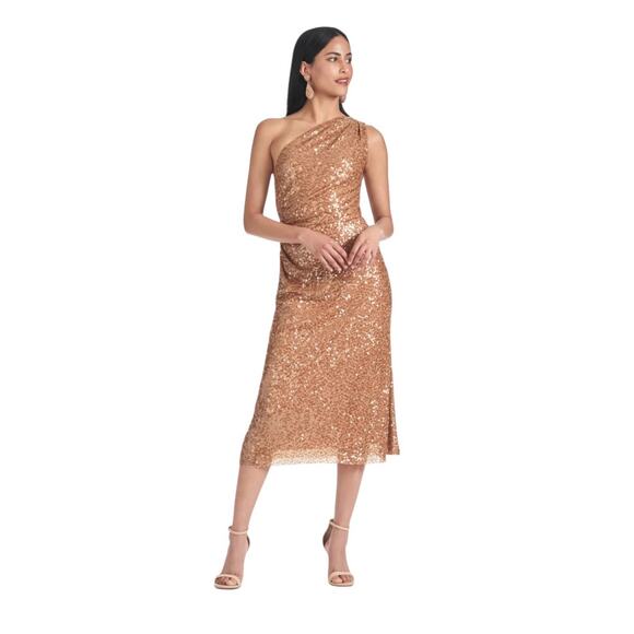 Sachin + Babi Size 8 NWT Sequin Carmen Dress One Shoulder Stretch Midi Honey